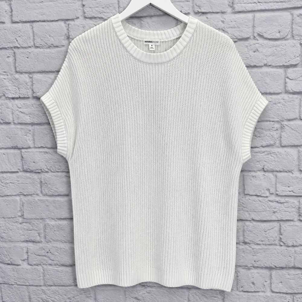Minnie Rose Short Cap Sleeve Knit Sweater Top White Size M